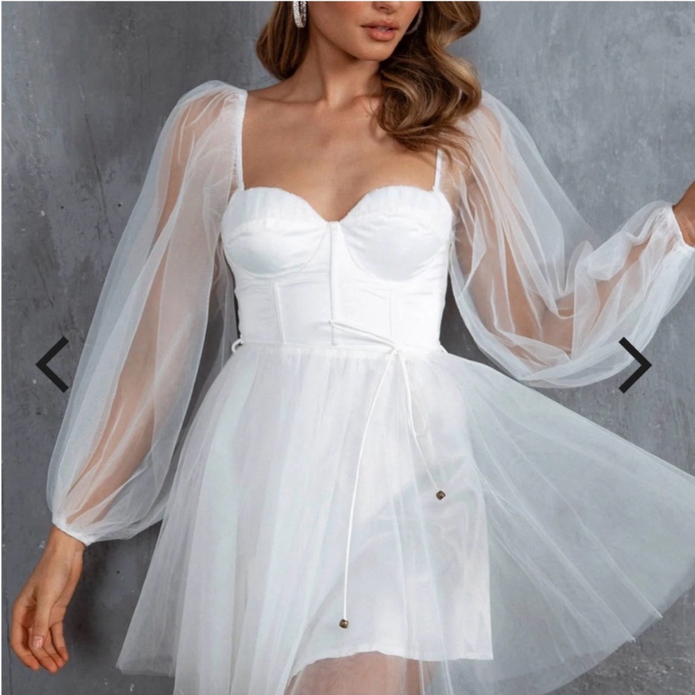 Selfie Leslie Elegant White Sheer Sleeve Dress